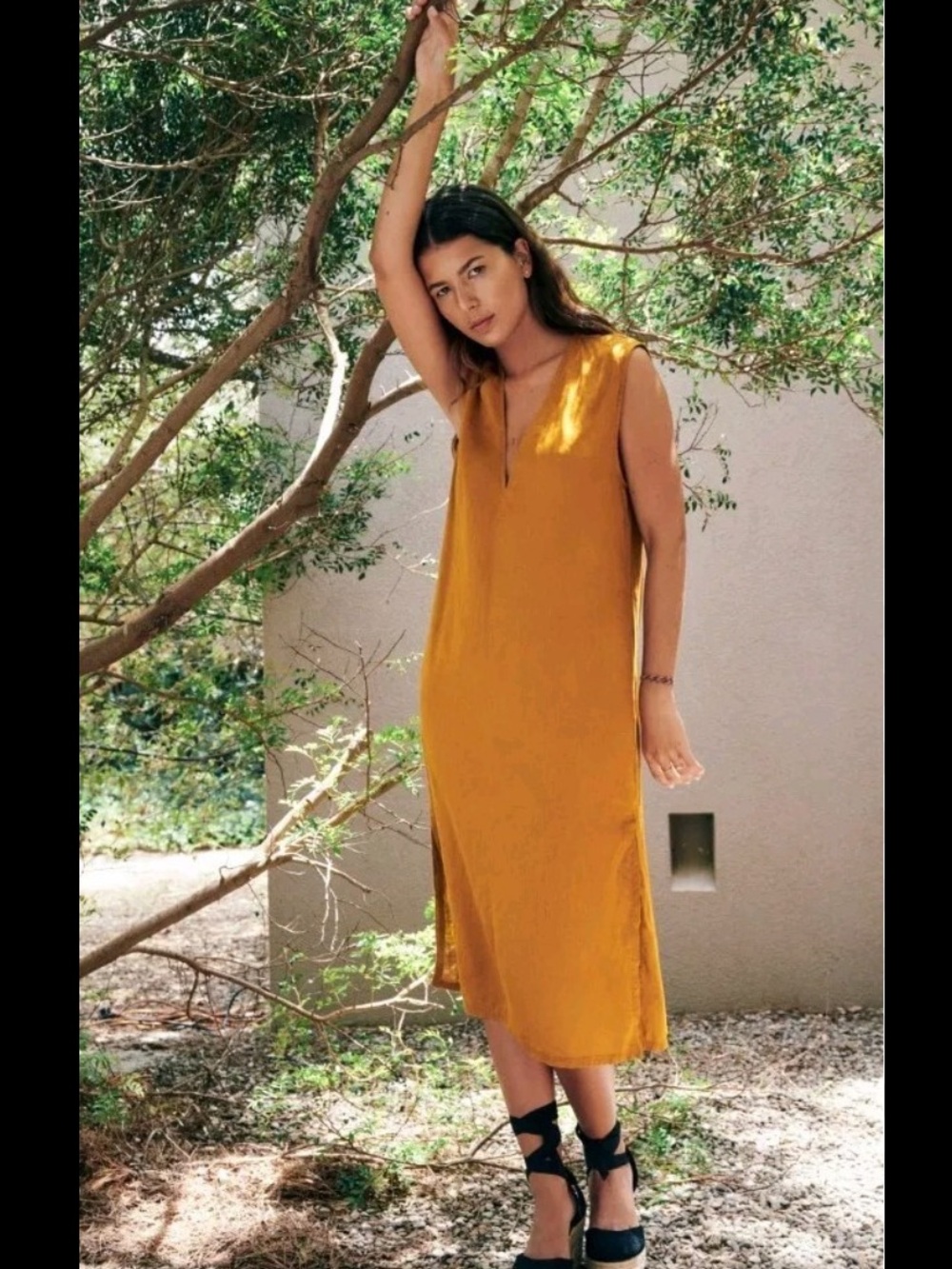 ZARA Tunic Dress Linen 100% Loose Fit Midi Mustard Ochre Summer Long